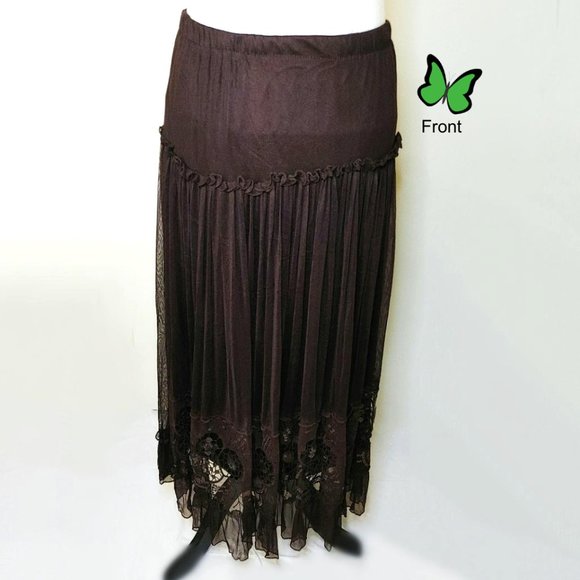 Elegant Brown Midi Flowy Skirt Mesh Sequin Cut-out Lace Lined Elastic Waistline - Picture 3 of 9